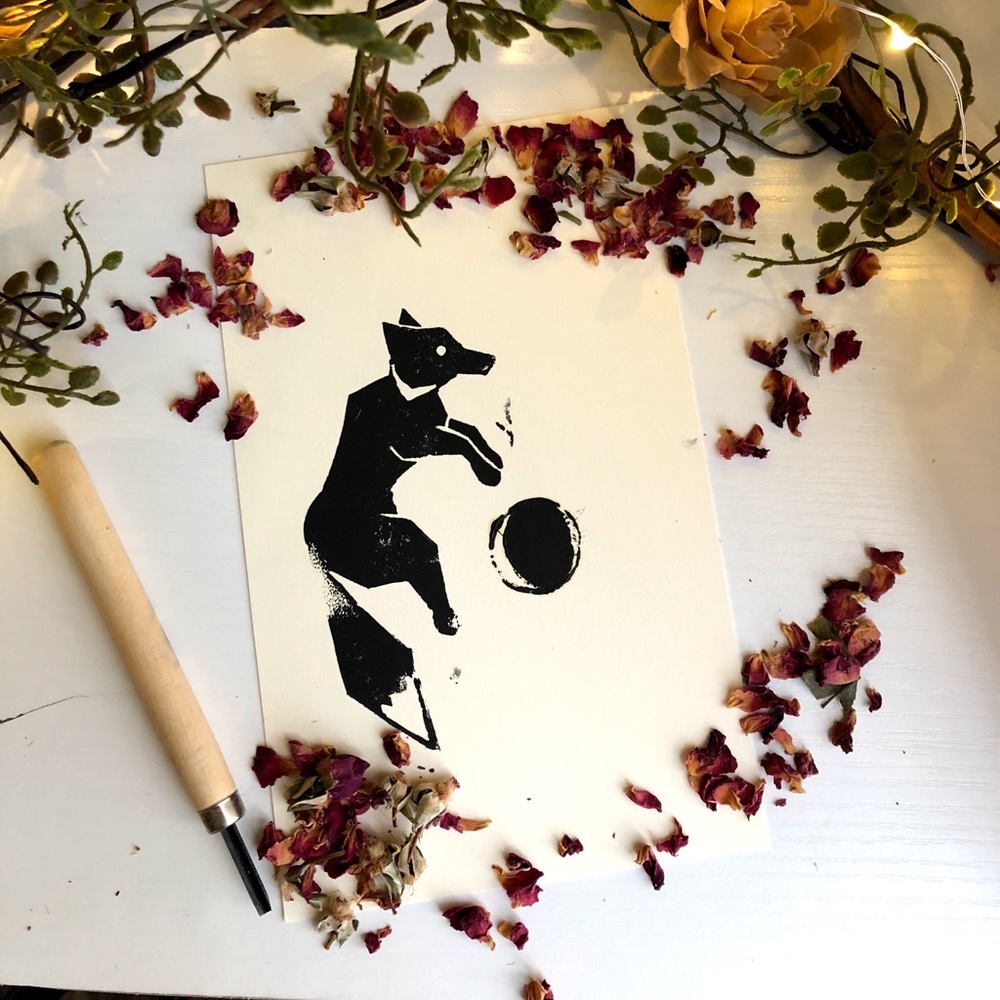 Linoleum Prints Hand Made Fox & Moon